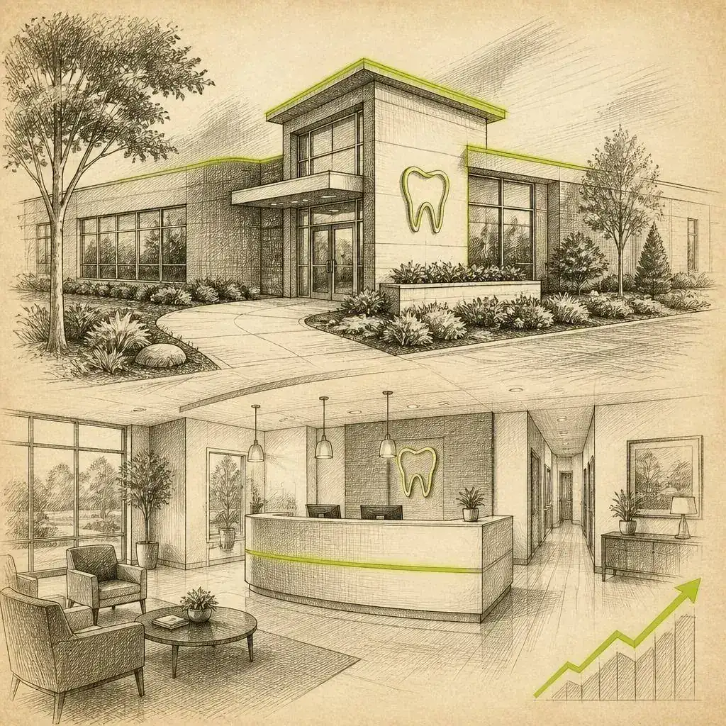 Pen-and-ink sketch of a modern dental clinic building and welcoming reception area with a rising trend line representing Midwest Dental's multi-location PPC growth