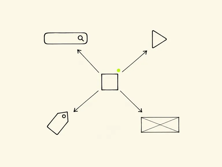 Pen-and-ink sketch of one campaign hub sending arrows to search, video, shopping, and display placements, representing Performance Max