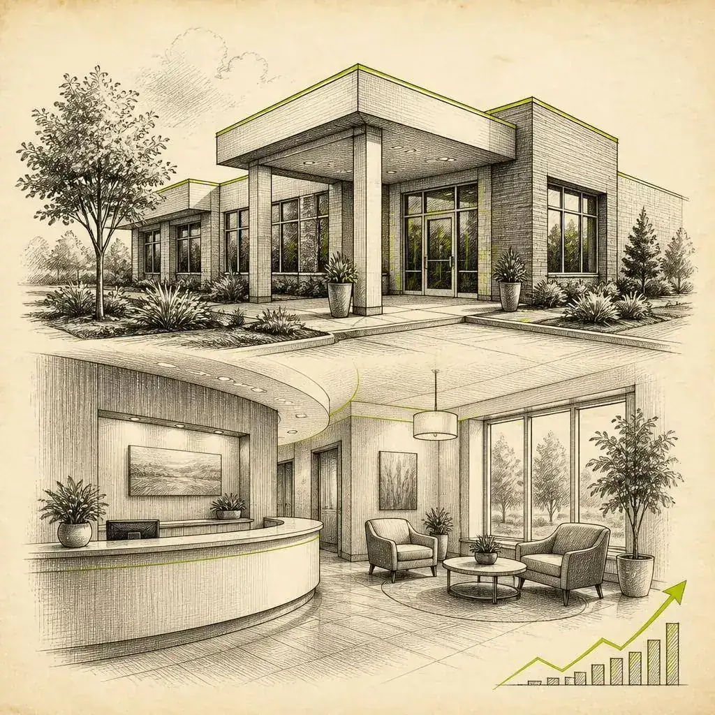 Pen-and-ink sketch of a modern pain clinic building and welcoming reception area with a rising trend line representing patient lead growth